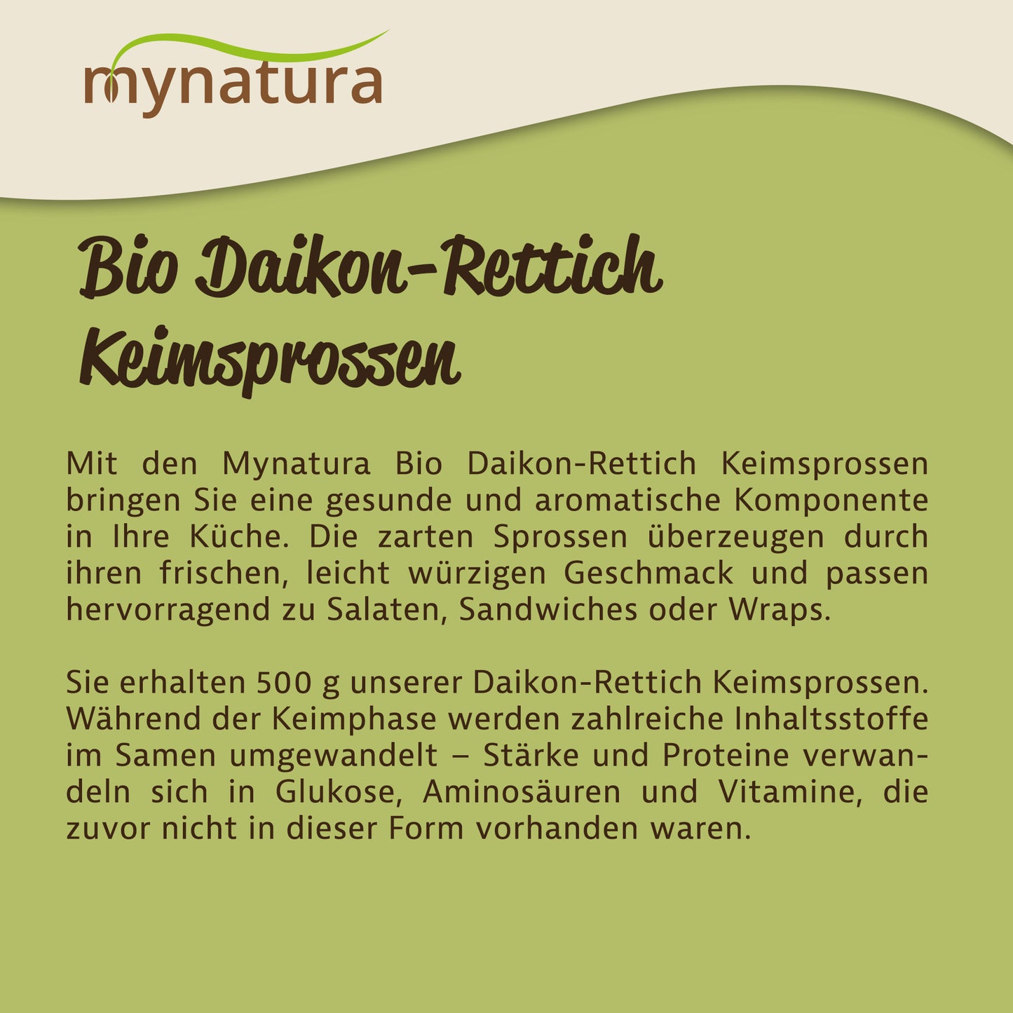Infotafel zu Mynatura Bio Daikon-Rettich Keimsprossen mit Beschreibung und Einsatzmöglichkeiten, grün-beiger Hintergrund.