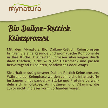 Infotafel zu Mynatura Bio Daikon-Rettich Keimsprossen mit Beschreibung und Einsatzmöglichkeiten, grün-beiger Hintergrund.