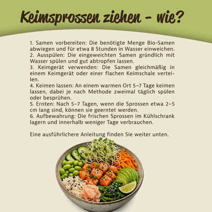 Anleitung zur Zucht von Keimsprossen mit Zutaten und Schritten, unten eine Bowl mit frischem Gemüse, Sprossen und Kräutern.
