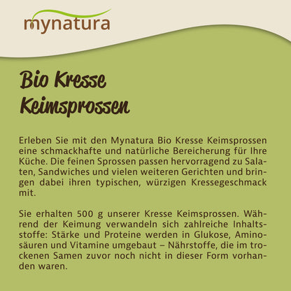 Infotext zu Mynatura Bio Kresse Keimsprossen Gemüse 500g auf grün-beigem Hintergrund, oben Markenlogo.