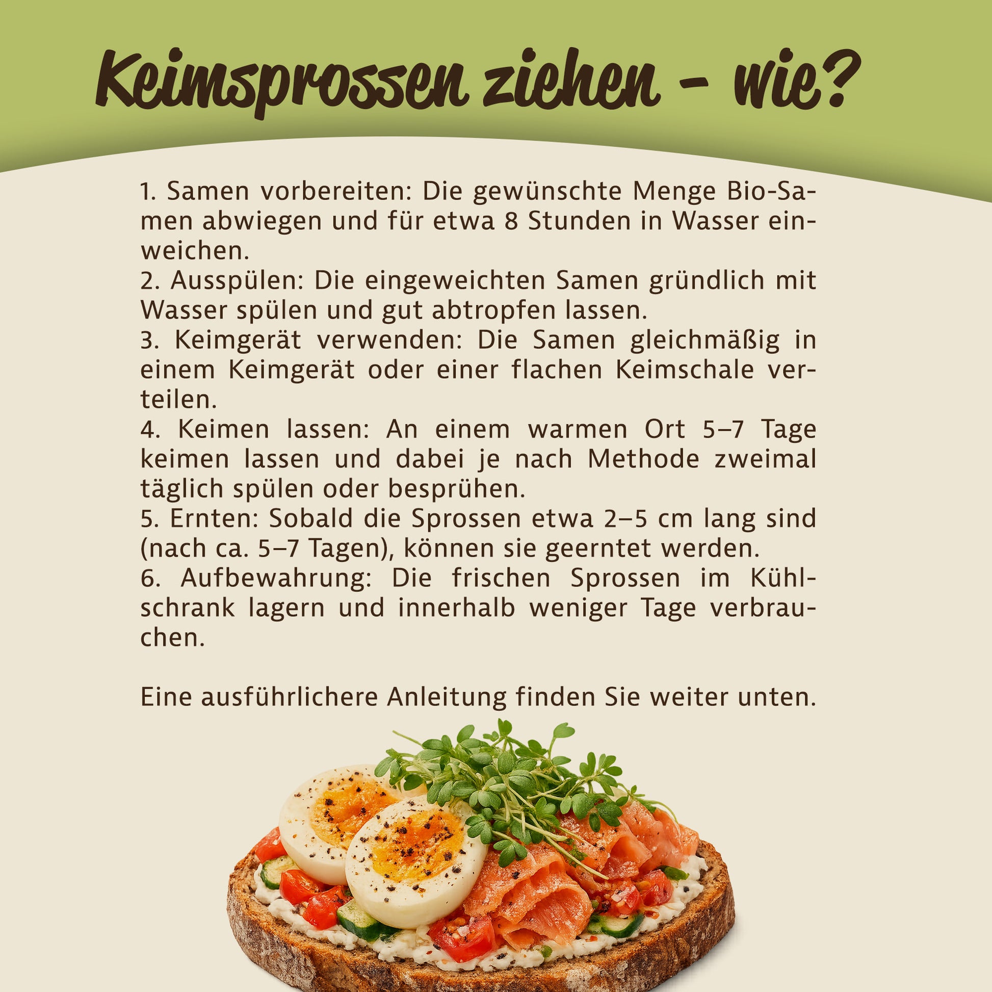 Anleitung zur Anzucht von Keimsprossen mit Text und Foto eines belegten Brots mit Kresse, Ei und Lachs.