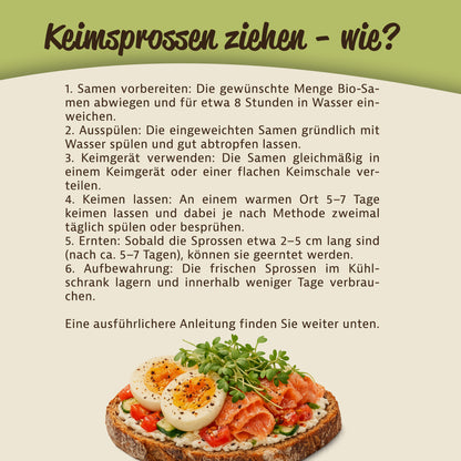 Anleitung zur Anzucht von Keimsprossen mit Text und Foto eines belegten Brots mit Kresse, Ei und Lachs.
