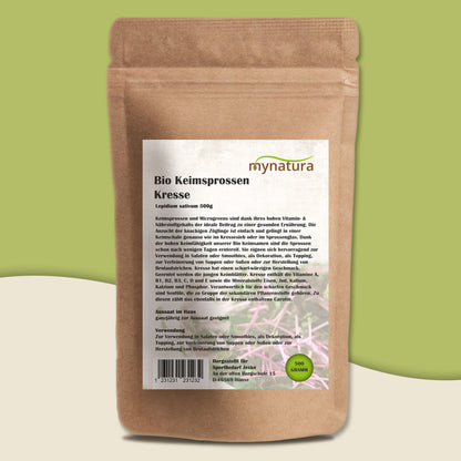 Kraftpapierbeutel mit Etikett für Mynatura Bio Kresse Keimsprossen Gemüse 500g, Vorderseite zeigt Produktinformationen und Sprossenfoto.