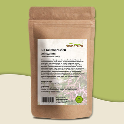 Rückseite des Mynatura Leinsamen Keimsprossen 500g Beutels mit ausführlicher Produktbeschreibung und Zutatenliste auf grünem Hintergrund.