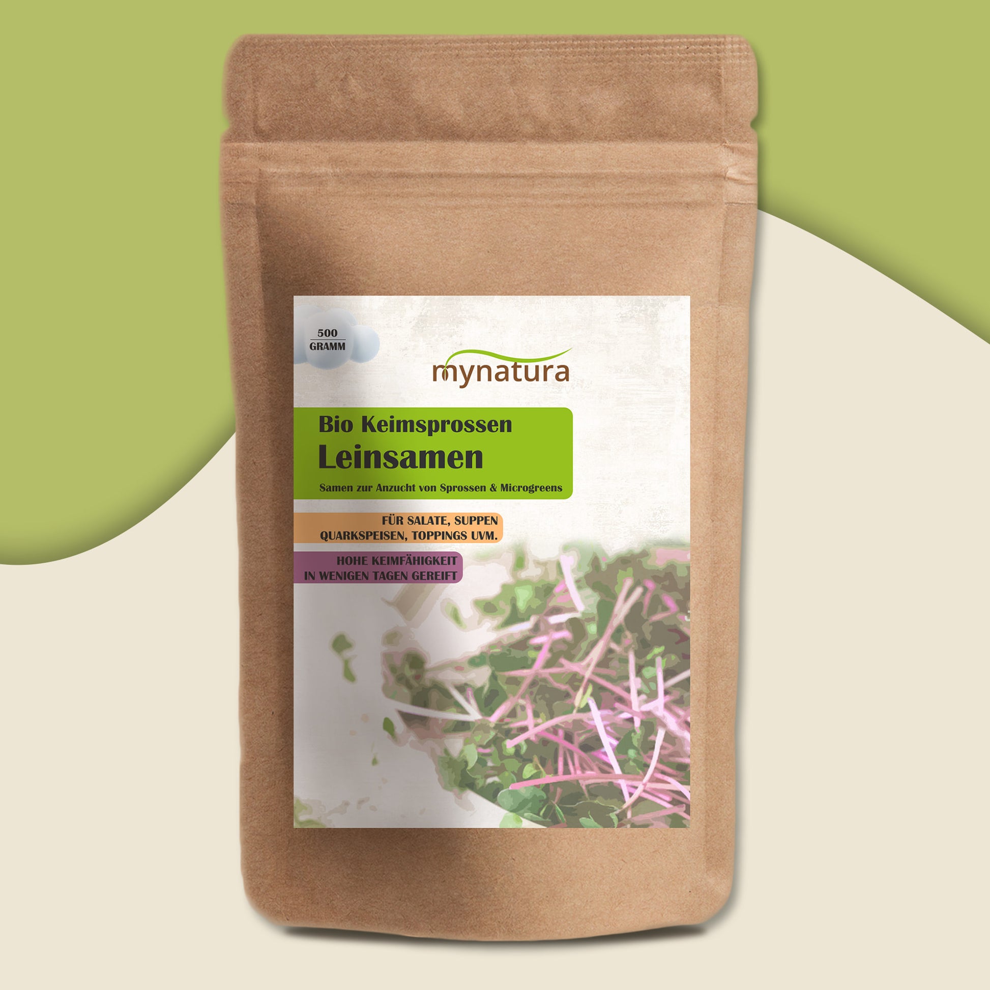 Mynatura Bio Leinsamen Keimsprossen 500g Beutel frontal vor grün-beigem Hintergrund, Etikett mit Produktinformationen sichtbar.