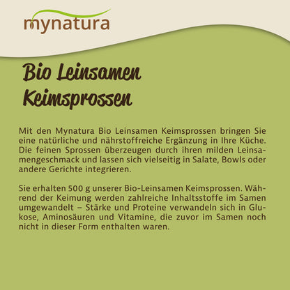 Texttafel mit Beschreibung der Mynatura Bio Leinsamen Keimsprossen als vielseitige und nährstoffreiche Zutaten fürs Kochen.