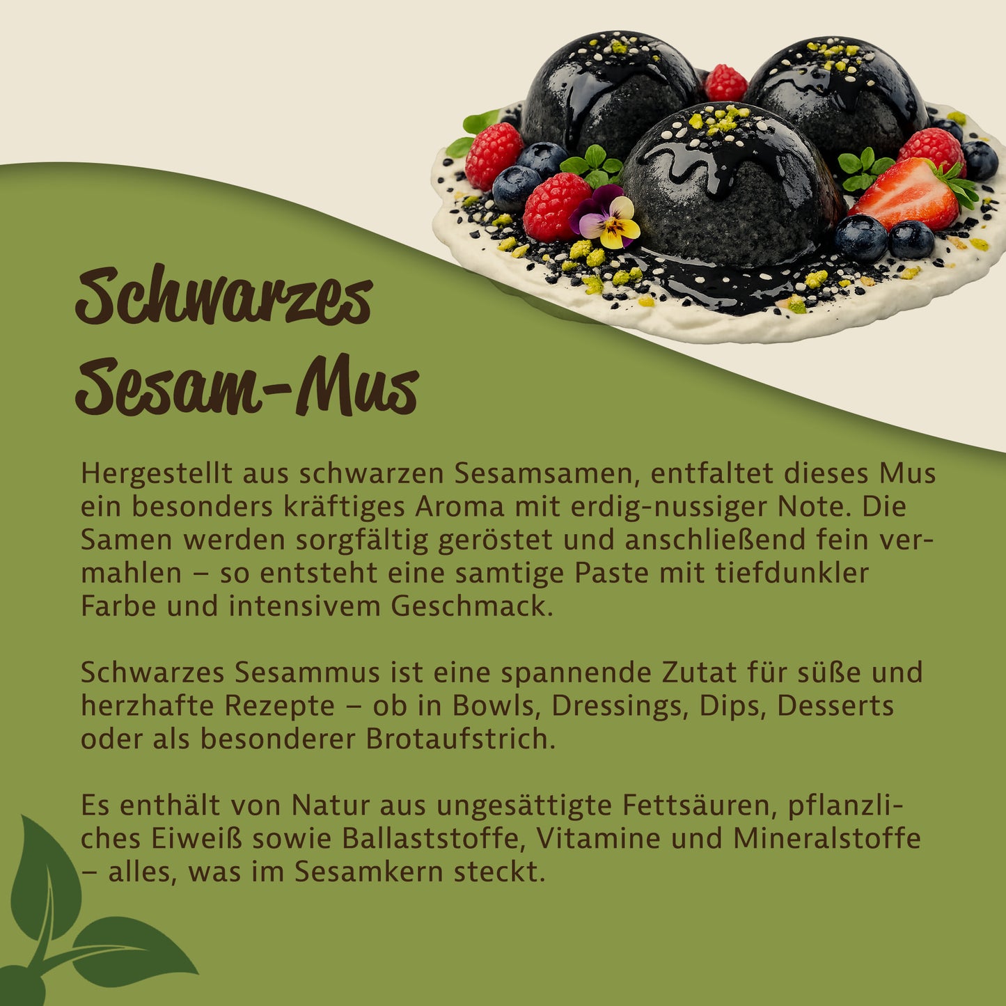 dessert angerichtet mit aromatischer paste aus gerösteten schwarzen sesam, garniert mit früchten auf teller