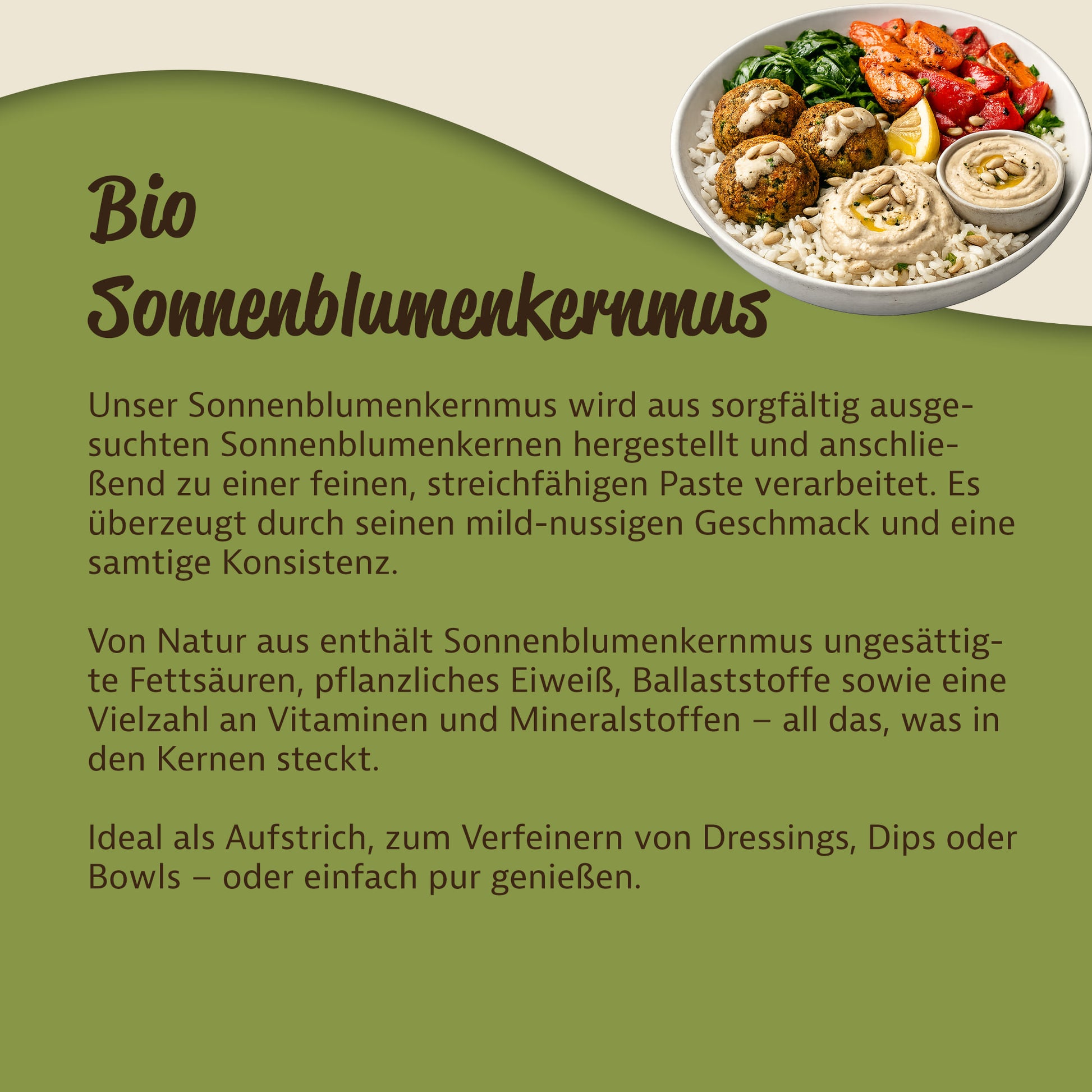 Schale mit Reis, Falafel, Gemüse und cremigem Sonnenblumenkernmus als Aufstrich, vielseitig verwendbar zum Frühstück oder Backen.
