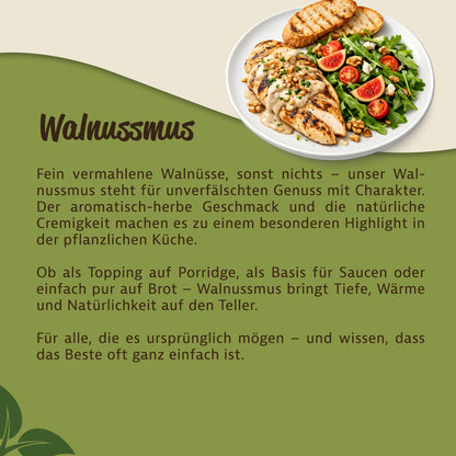 Teller mit Salat, gegrilltem Hähnchen und cremigem Walnussmus als Sauce, daneben Text zur Verwendung von Walnüssen.