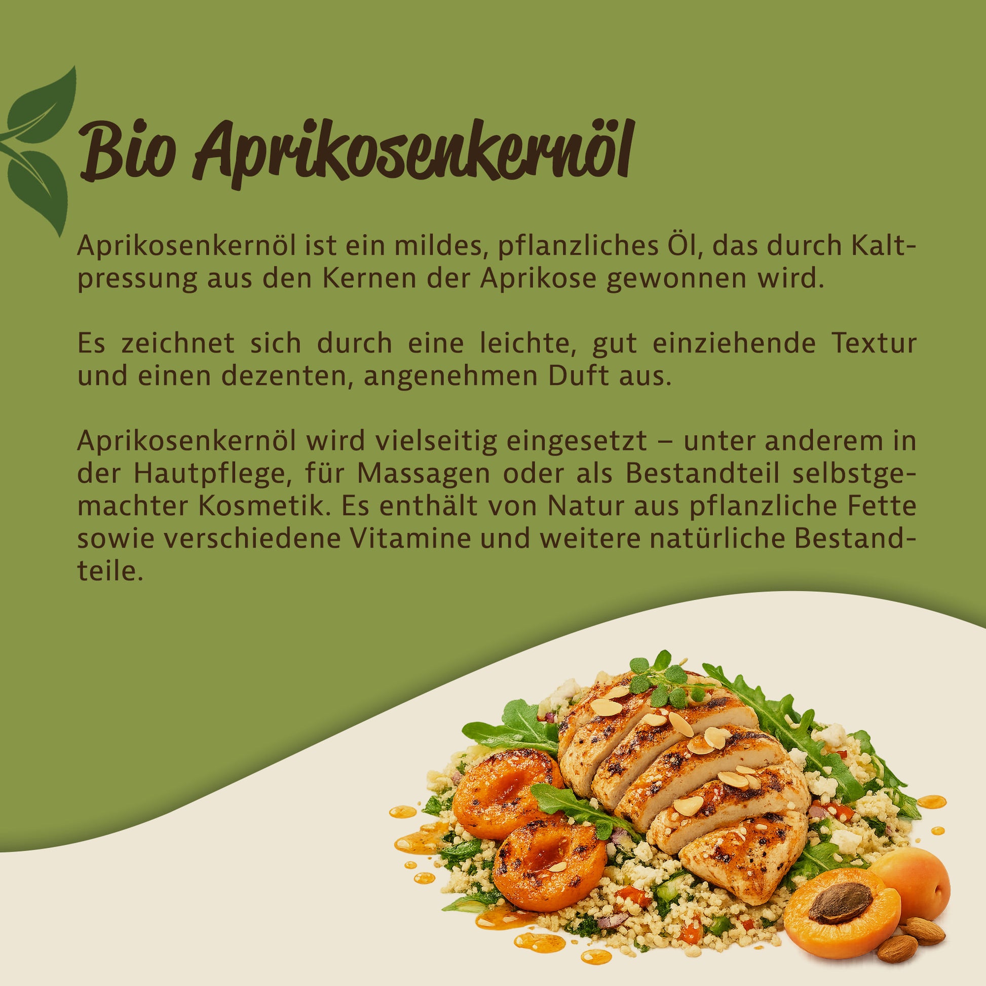 Bio Aprikosenkernöl als pflanzenöl mit Textbeschreibung und serviertem Gericht aus Hähnchen, Aprikosen und Couscous.