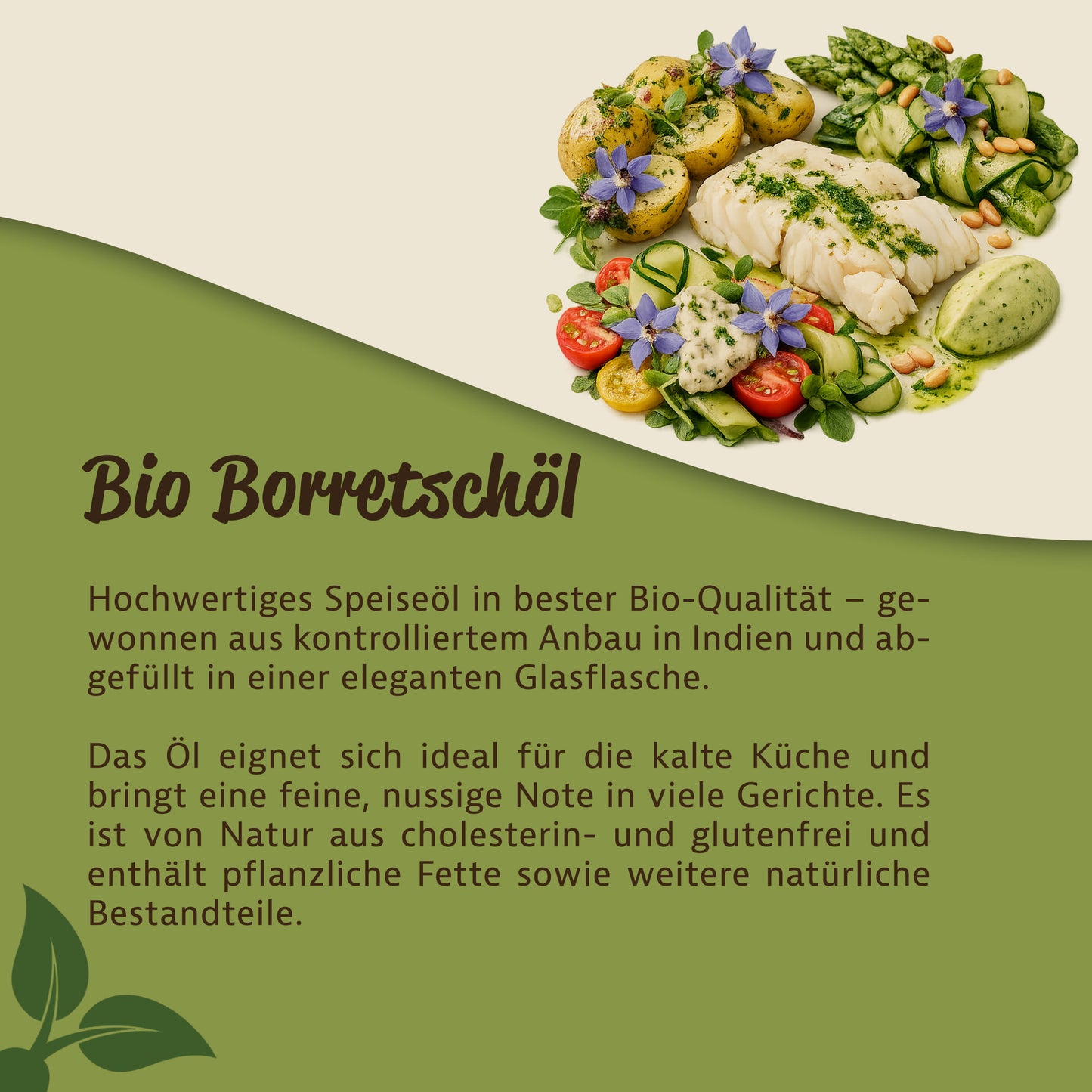 Teller mit Gemüse, Fisch und Borretschblüten, dazu Text über Bio Borretschöl von Mynatura, kaltgepresstes Pflanzenöl mit wertvollen Fettsäuren, geeignet für kalte Küche.