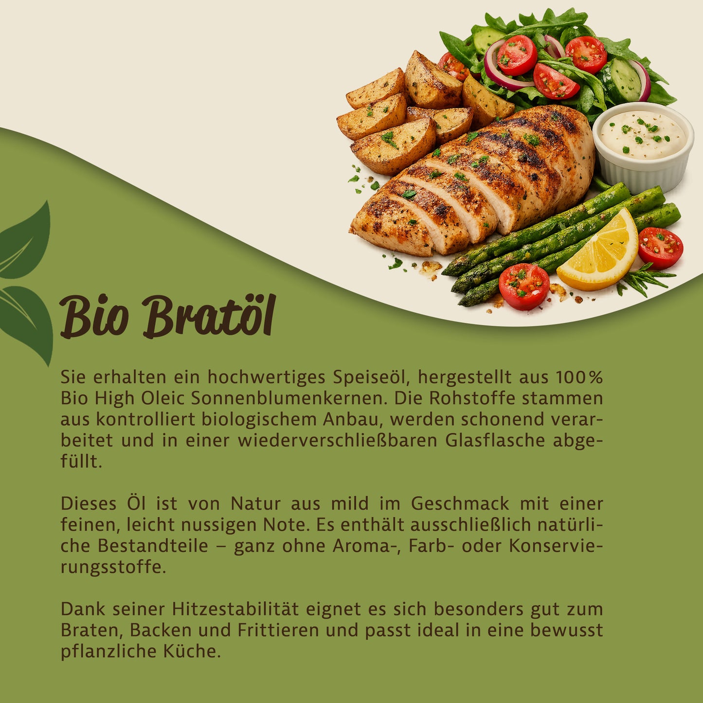 Serviervorschlag mit gebratenem Hähnchen, Kartoffelspalten, Spargel und Salat, oben Text zu Bio Bratöl, kaltgepresst, auf grünem Hintergrund.