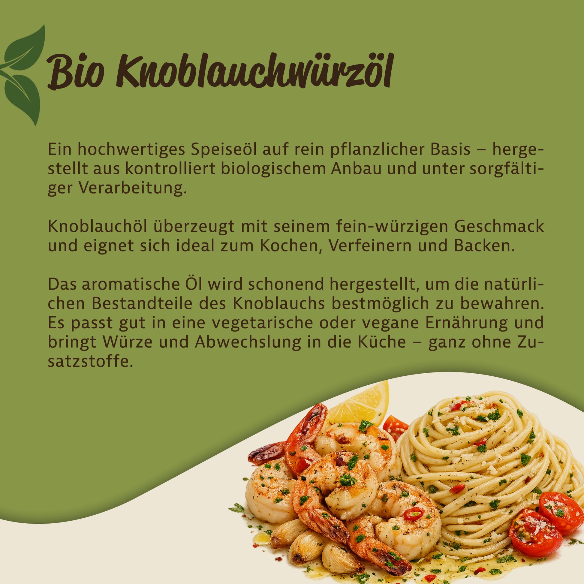 Teller mit Pasta und Garnelen, daneben Textbeschreibung zu Bio Knoblauchwürzöl und dessen Verwendung beim Kochen.
