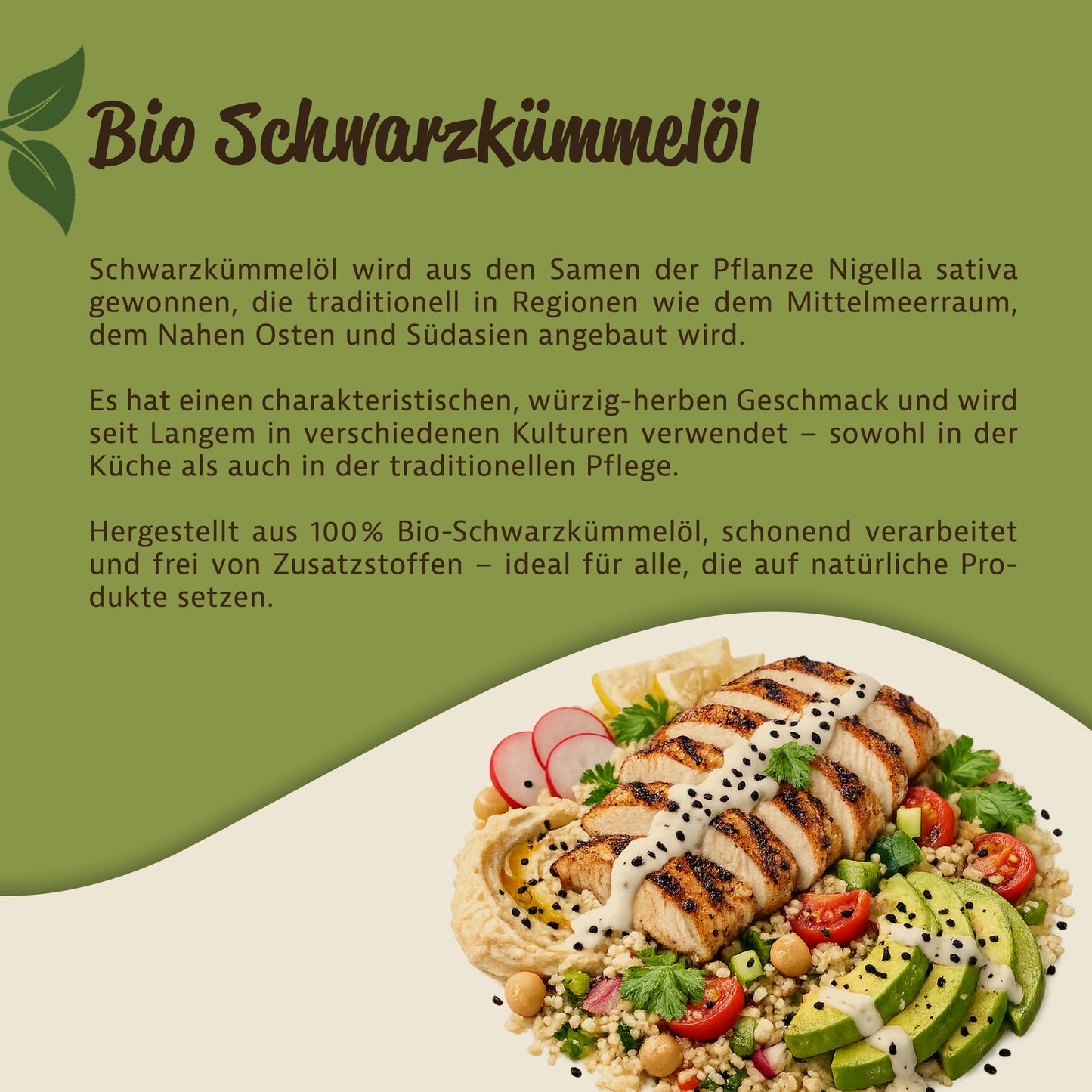 Teller mit gegrilltem Hähnchen, Gemüse und schwarzem Kümmel, unten im Bild, darüber Text zu natürlichem Schwarzkümmelöl aus Nigella sativa.