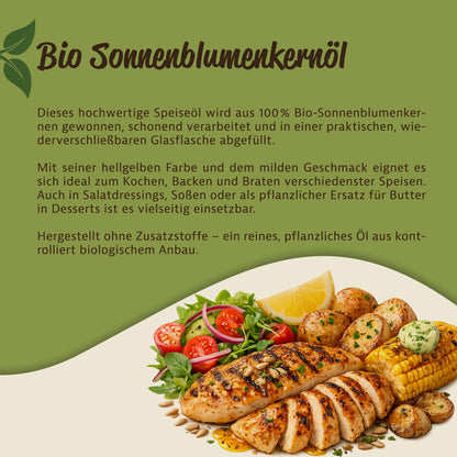 Teller mit gegrilltem Hähnchen, Kartoffeln, Gemüse und Salat, oben Text zu Bio Sonnenblumenkernöl kaltgepresst auf grünem Hintergrund.