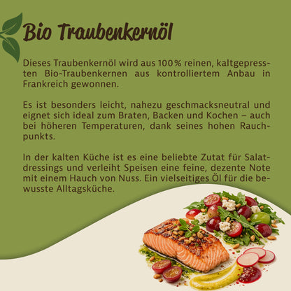 Infografik zu Bio Traubenkernöl mit Textbeschreibung, grünem Hintergrund und serviertem Lachsgericht mit Salat, Trauben und Dressing.