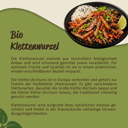Schale mit Reis und Gemüse, zubereitet mit geschnittener Klettenwurzel, daneben Infotext zur Herkunft der Kräuter.