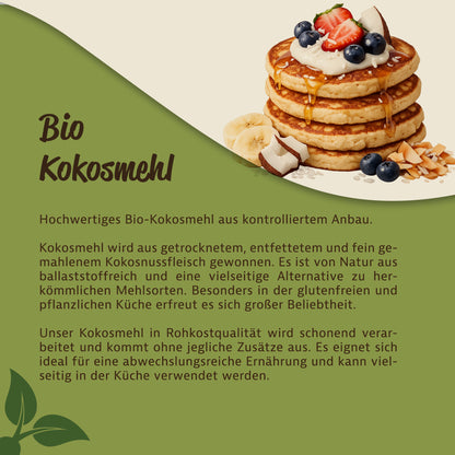 Gestapelte Pancakes mit Obst und Kokosstücken, daneben Text zu ballaststoffreiche kokosmehl als vielseitige mehlalternative zum backen und kochen.