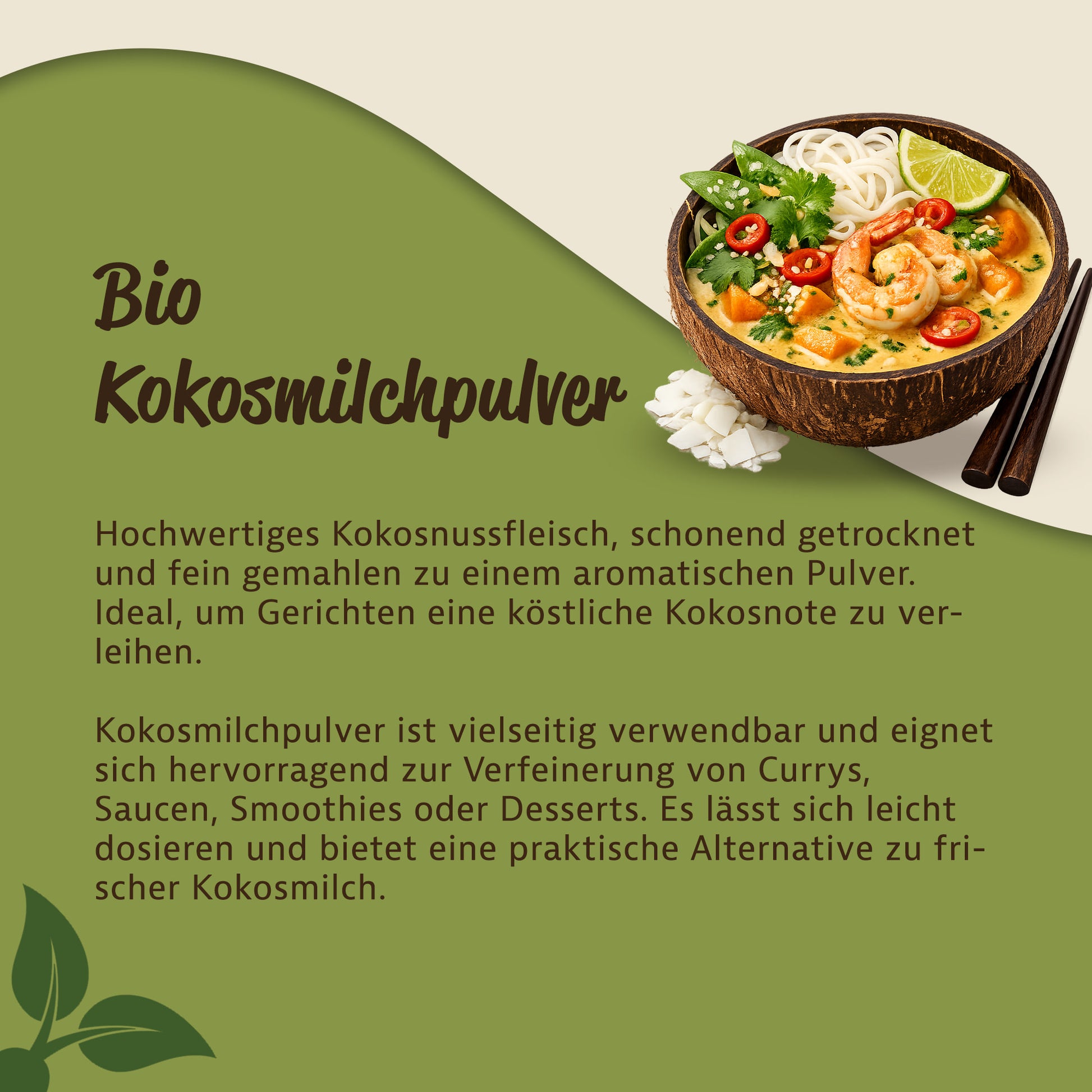 Schale mit Currygericht, Nudeln und Limette, daneben Text zu Bio Kokosmilchpulver als vielseitige Zutat fürs Kochen und Müsli.