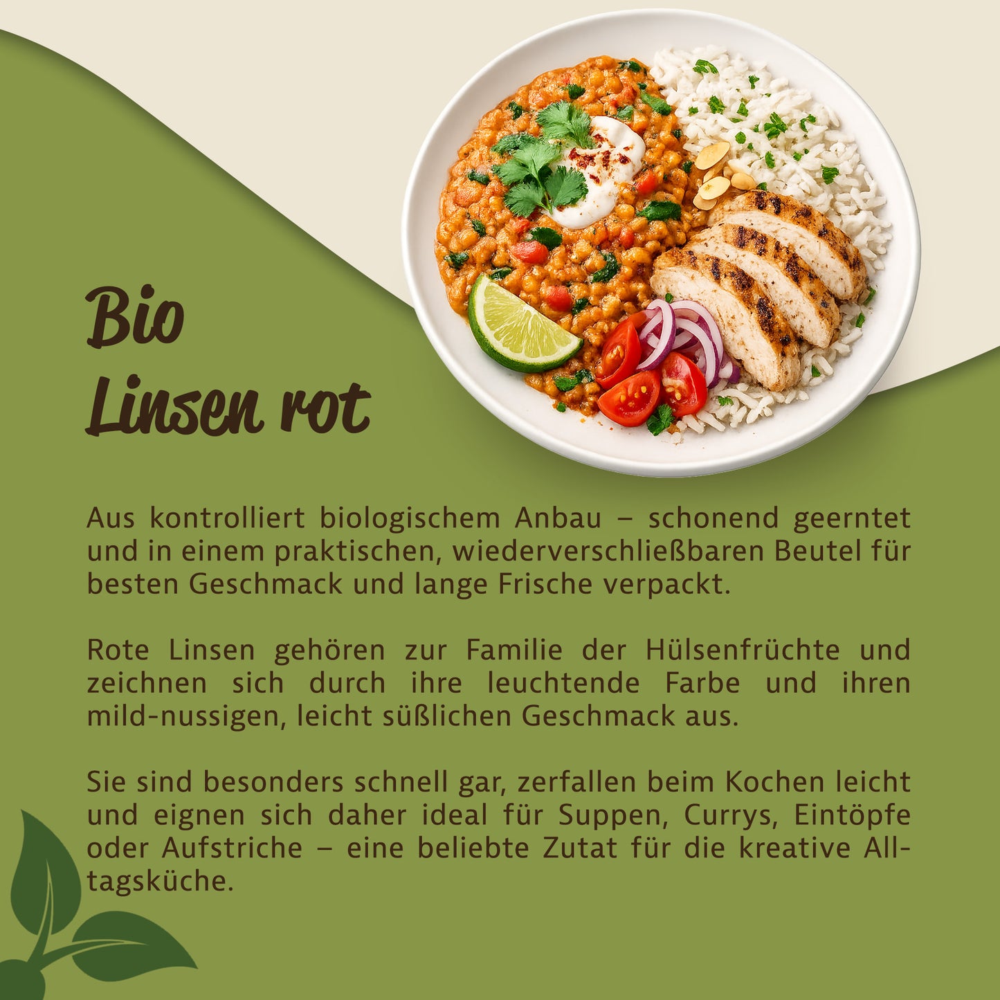 Teller mit Curry aus roten Linsen, Reis, gegrilltem Hähnchen, Limettenspalte, Tomaten, roten Zwiebeln und Koriander, daneben Text zu Herkunft und Verwendung der proteinreichen Hülsenfrüchte.
