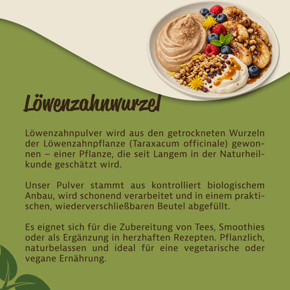 Schale mit Müsli, Früchten und Creme, bestreut mit Löwenzahnpulver, daneben Text zur Herkunft und Verwendung von Löwenzahnwurzel.