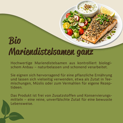 Teller mit Lachs, Salat und Dip, bestreut mit vielseitig einsetzbaren Mariendistelsamen, daneben Text zu naturbelassenen Zutaten.