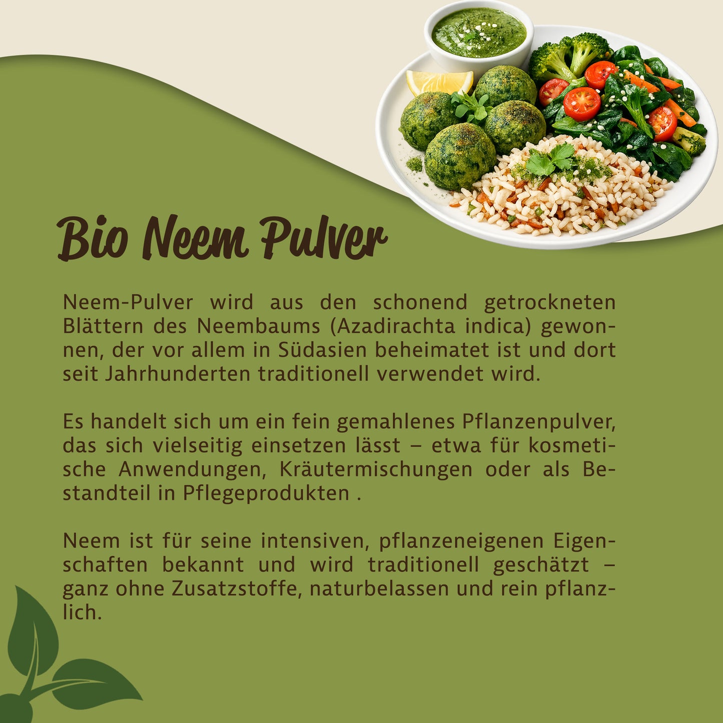 Teller mit Reis, Gemüse, grüner Sauce und Bällchen, daneben Text über die Herkunft und vielseitige Verwendung von neem pulver, passend für kräuter und hautpflege.