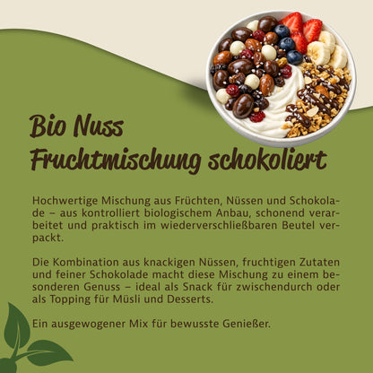 Schale mit Joghurt, Müsli, frischen Früchten und schokolierter Nuss-Fruchtmischung als Topping, auf grünem Hintergrund mit Infotext.