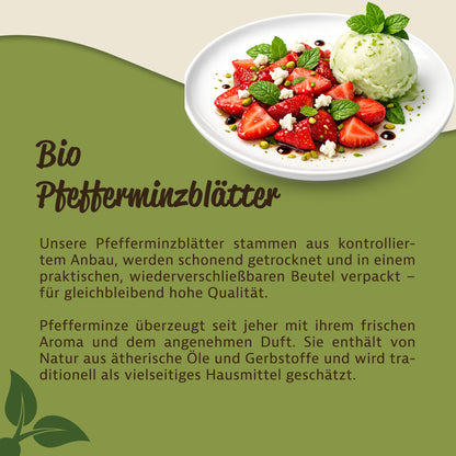 Teller mit Erdbeeren, Eis und frischen Pfefferminzblättern als Serviervorschlag für getrocknete Kräuter