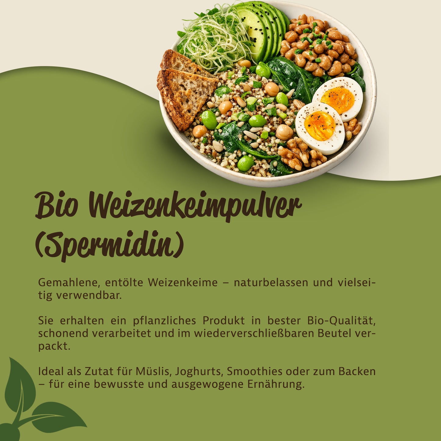 Bunte Bowl mit Ei, Gemüse und Getreide, als Serviervorschlag für gemahlene Weizenkeime Spermidin Superfood zum Kochen oder Backen.