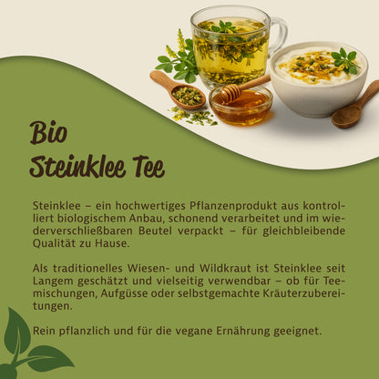 Tasse aromatischer Steinklee-Kräutertee, Schale mit Joghurt und Steinklee, Honig und frische Steinklee-Kräuter als Dekoration