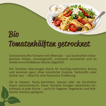 Teller mit Pasta, getrockneten Tomatenhälften, Oliven und Rucola, daneben Text zu Verwendungsmöglichkeiten beim Kochen und als Snacks.