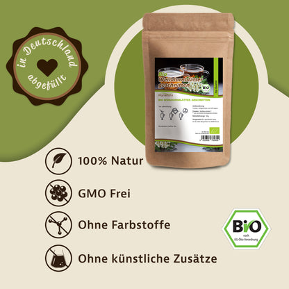 Produktbeutel Bio Weißdornblätter geschnitten auf grünem Hintergrund, daneben Hinweise zu naturbelassener Kräuterqualität.