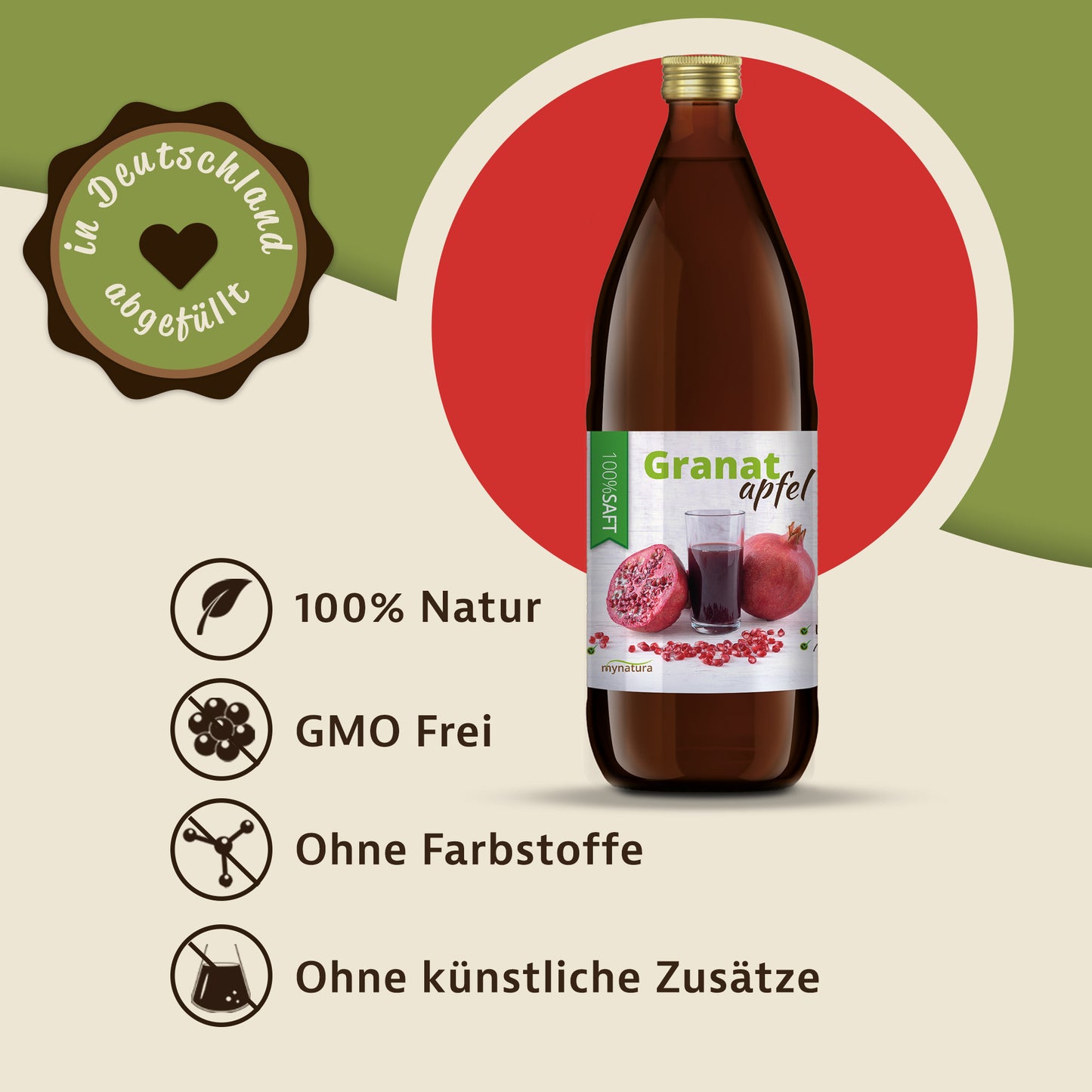 Granatapfelsaft Flasche von mynatura vor grafischem Hintergrund mit Siegel und Icons zu natürlichen Eigenschaften des Direktsaftes.