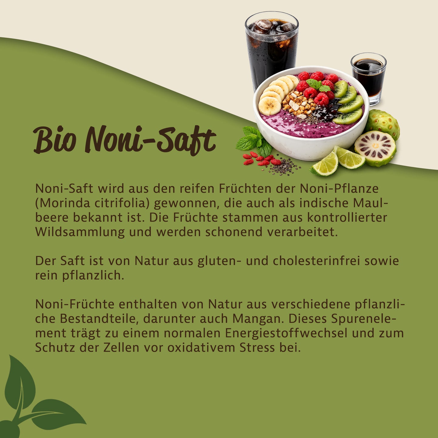 Infografik zu Bio Nonisaft mit Textinformationen, einer Schale mit Obst, zwei Gläsern Saft und einer aufgeschnittenen Stachelannone Frucht.