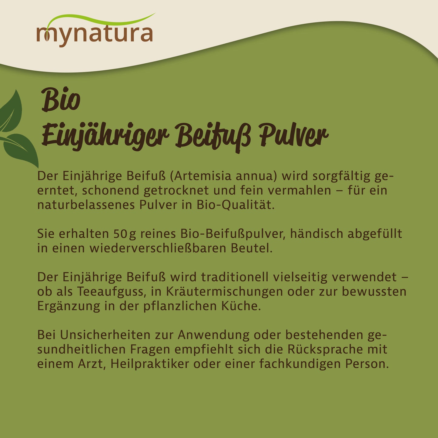 Infografik zu beifußkraut als pulver, Text zur Herkunft und Verwendung von einjährigem beifuß, auf beigem Hintergrund mit mynatura-Logo.