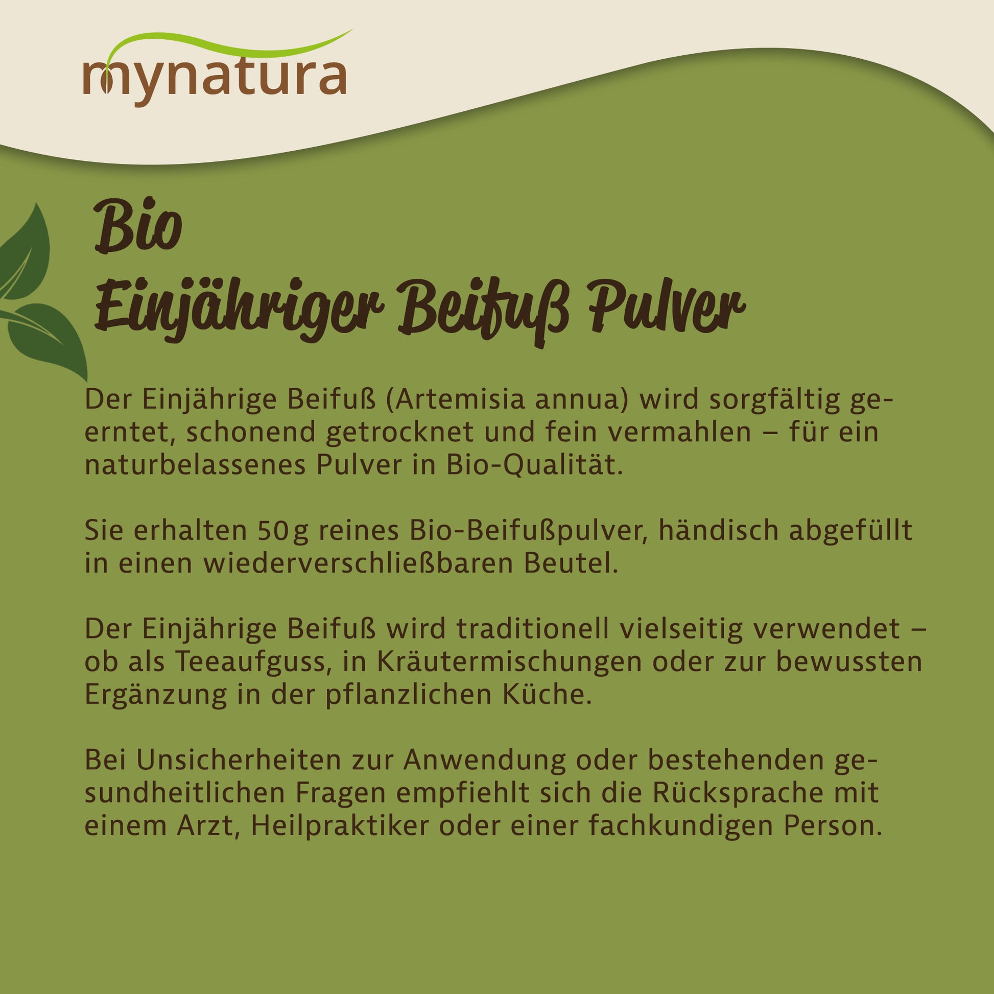 Infografik zu beifußkraut als pulver, Text zur Herkunft und Verwendung von einjährigem beifuß, auf beigem Hintergrund mit mynatura-Logo.