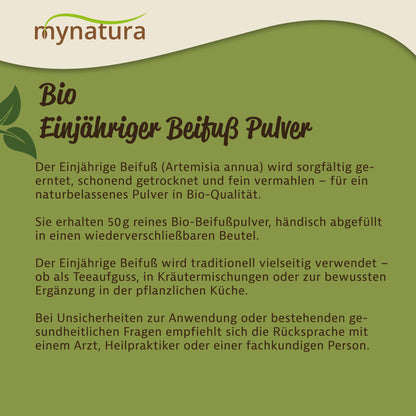 Infografik zu beifußkraut als pulver, Text zur Herkunft und Verwendung von einjährigem beifuß, auf beigem Hintergrund mit mynatura-Logo.