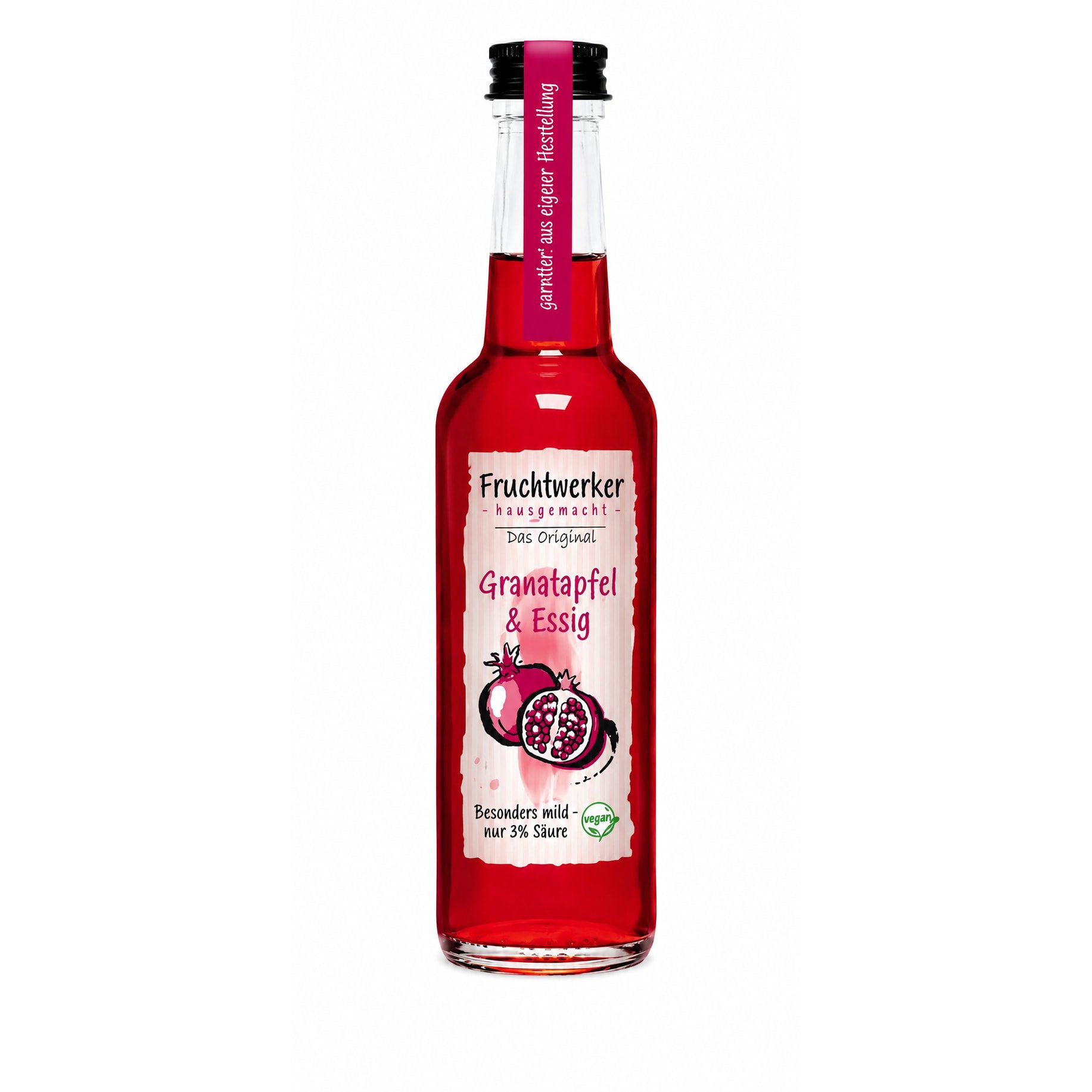 Fruchtwerker Granatapfel & Essig 250ml, freigestellte Flasche vor weißem Hintergrund, Etikett und rote Flüssigkeit gut sichtbar.