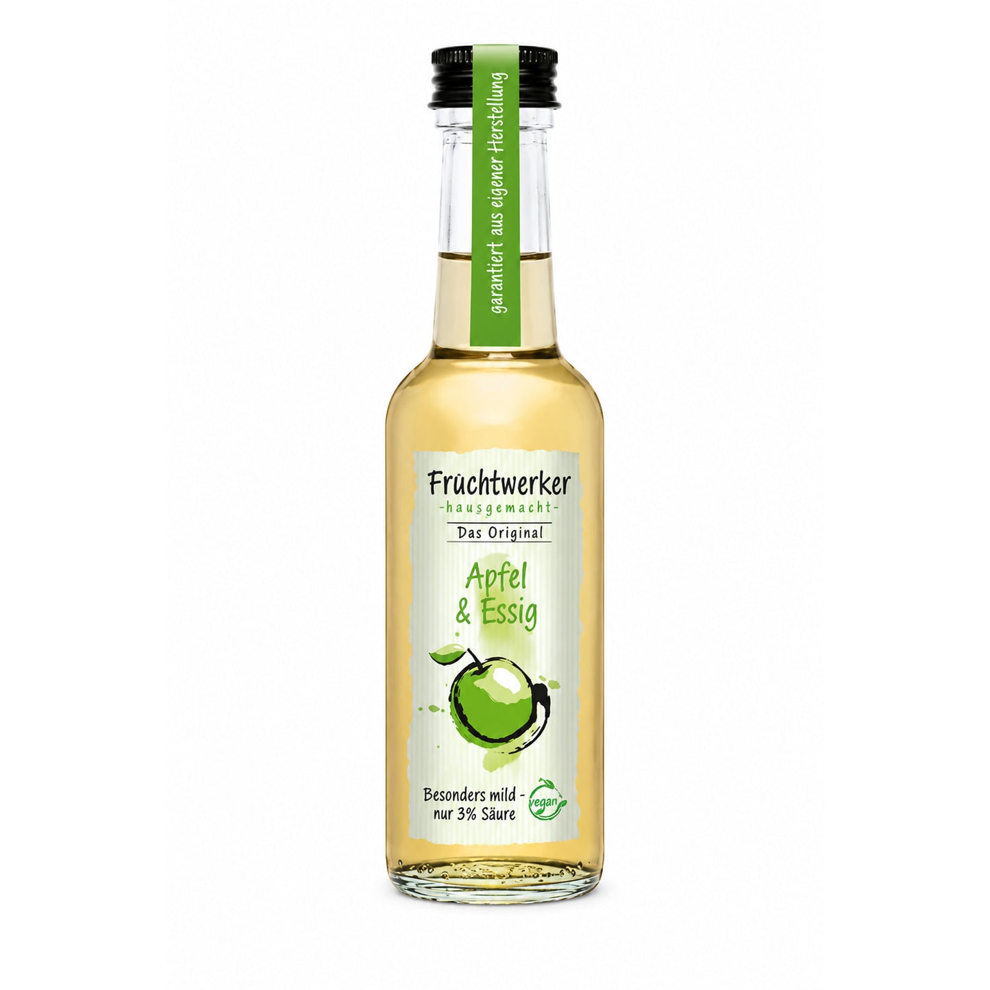 Fruchtwerker Apfel & Essig Flasche freigestellt auf weißem Hintergrund, Etikett und Verschluss gut sichtbar.