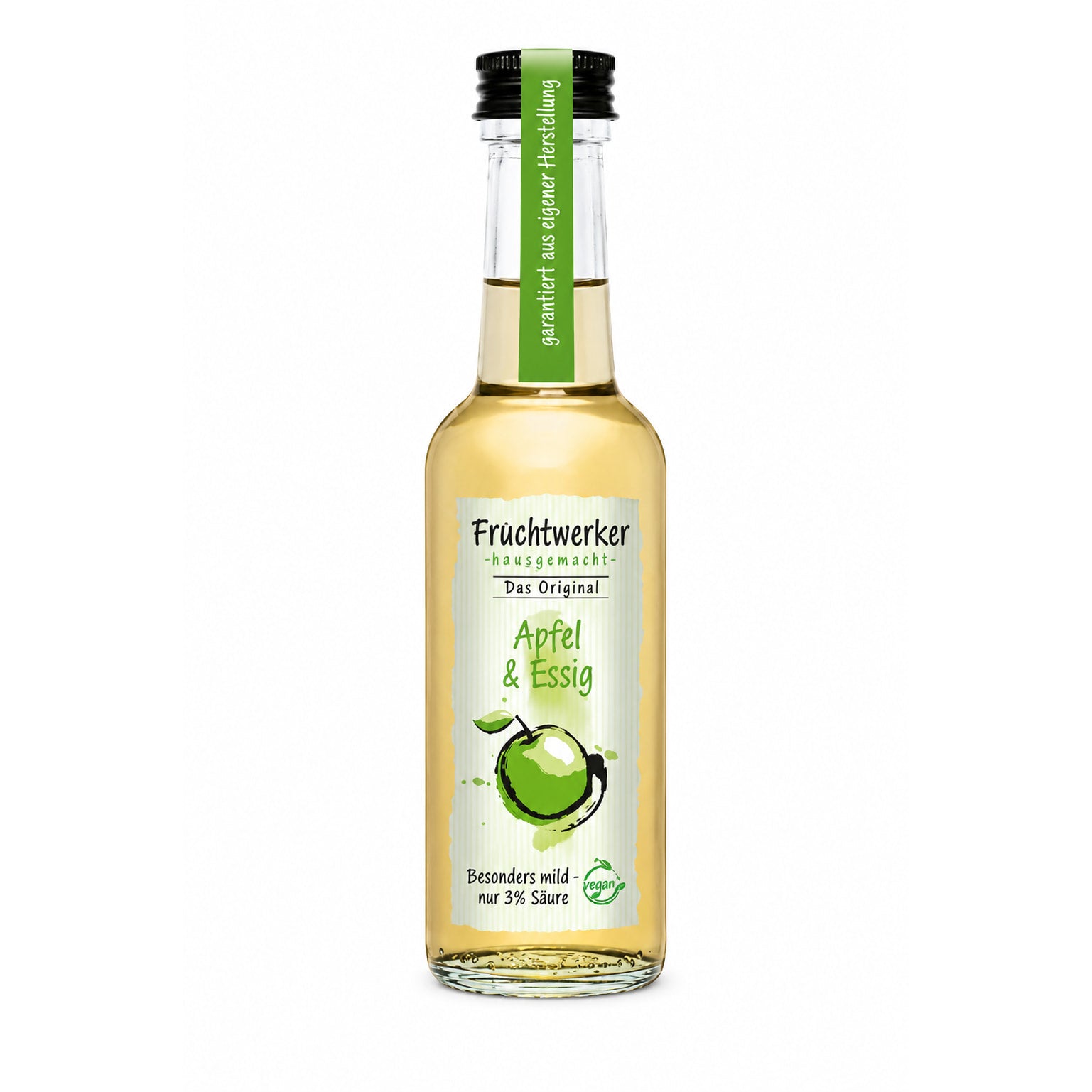 Fruchtwerker Apfel & Essig Flasche freigestellt auf weißem Hintergrund, Etikett und Verschluss gut sichtbar.