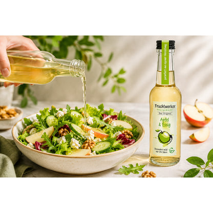 Hand gießt Fruchtwerker Apfel & Essig aus Flasche über einen frischen Salat, daneben steht die Essigflasche, im Hintergrund Apfelstücke.