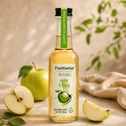 Flasche Fruchtwerker Apfel & Essig vor grünem Apfel, Apfelhälften und beigem Tuch, auf hellem Untergrund mit unscharfem Blattwerk im Hintergrund.