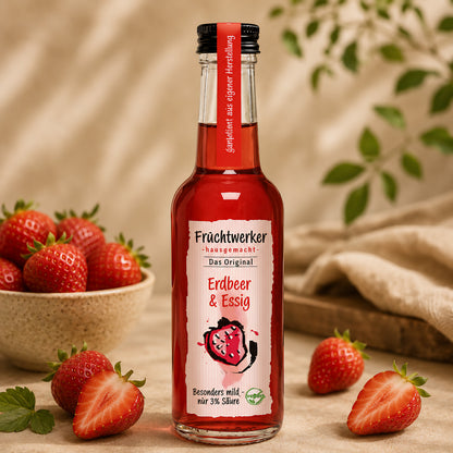 Flasche Fruchtwerker Erdbeer & Essig vor einer Schale mit frischen Erdbeeren und angeschnittenen Erdbeeren auf hellem Untergrund, im Hintergrund grüne Blätter.