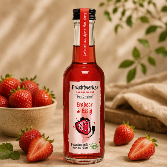 Flasche Fruchtwerker Erdbeer & Essig vor einer Schale mit frischen Erdbeeren und angeschnittenen Erdbeeren auf hellem Untergrund, im Hintergrund grüne Blätter.