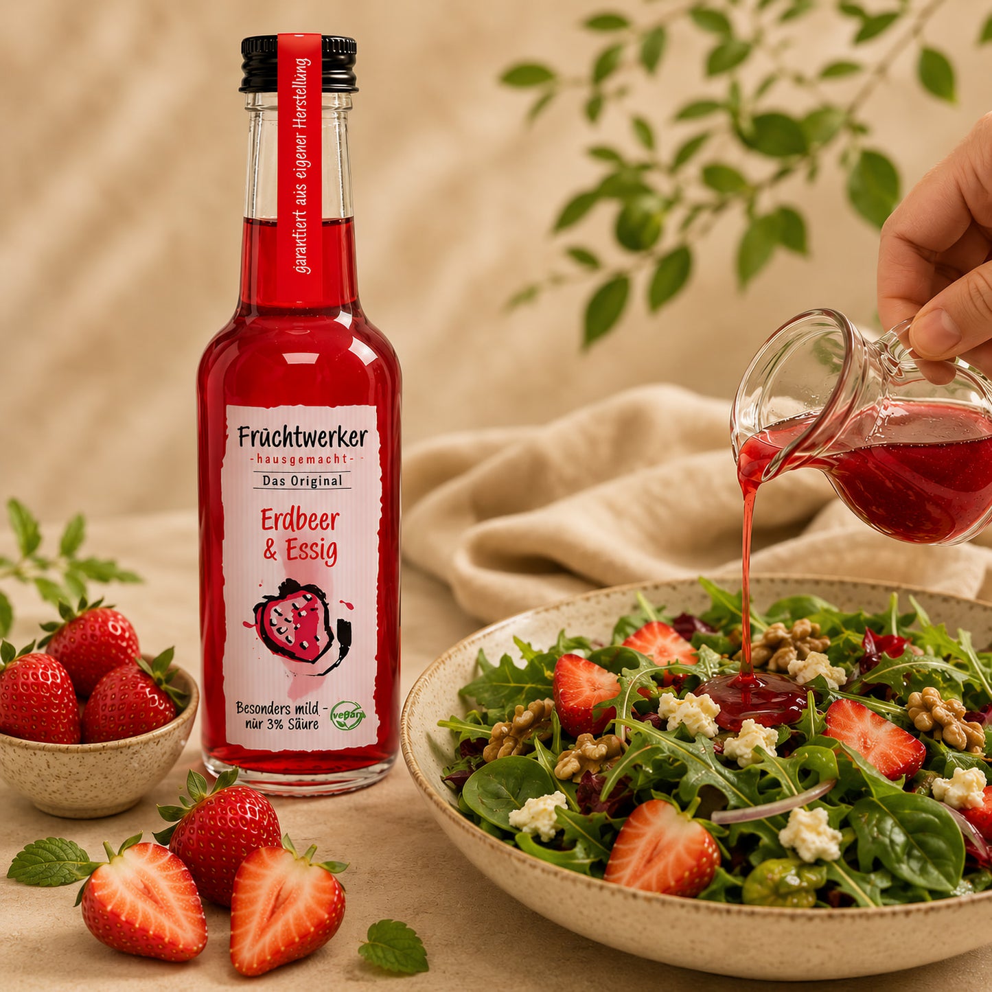 Fruchtwerker Erdbeer & Essig Flasche neben einer Schale mit Erdbeeren, im Vordergrund ein Salat mit Erdbeeren und Walnüssen, über den Essig gegossen wird.