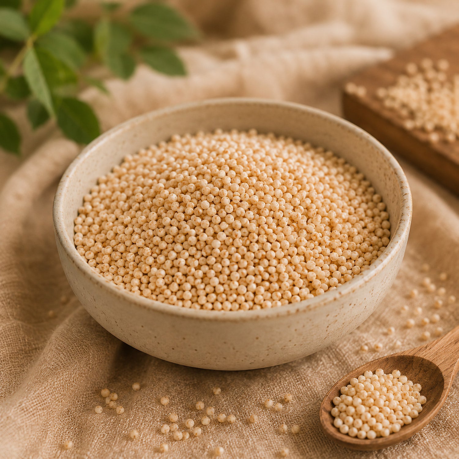 Schale mit gepufftem Amaranth auf beigem Stoff, daneben ein Holzlöffel mit Amaranth, ideal fürs Frühstück oder als vegane Zutat zum Backen.