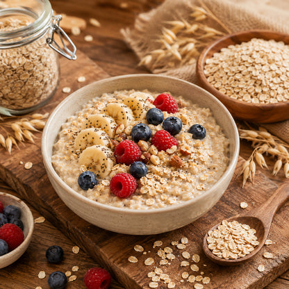 Schale mit Porridge aus zarten Haferflocken, garniert mit Banane, Himbeeren, Heidelbeeren und Nüssen, daneben Zutaten fürs Müsli auf Holzbrett.