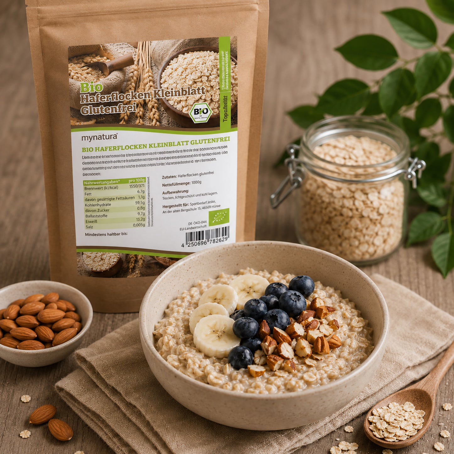 Beutel Bio Haferflocken Kleinblatt von Mynatura neben einer Schale Porridge mit Banane, Heidelbeeren und Mandeln, Glas mit Haferflocken im Hintergrund.