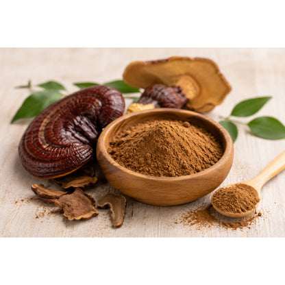 Holzschale und Holzlöffel mit gemahlenem Reishi-Pulver, daneben getrocknete Reishi-Vitalpilze und Blätter auf hellem Untergrund.